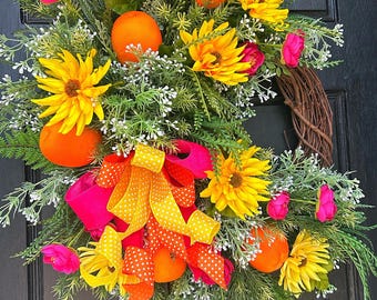 Summer  Wreath | citrus home decor, orange themed party, Pink orange w Front door hanger, gift for her