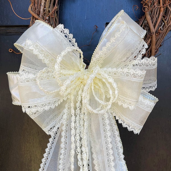 Shabby chic bow | Wedding chair lace Bow | Ivory fabric wedding bow  | Elegant wedding pew | Bride groom  wedding bow