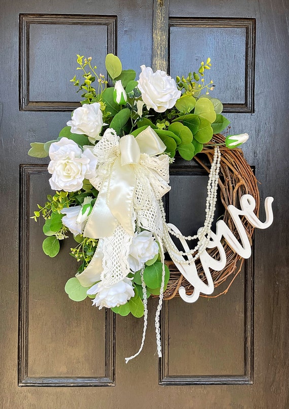 Home Décor Home & Living White Rose Wedding Door Wreath Church wedding wreath Bridal Shower