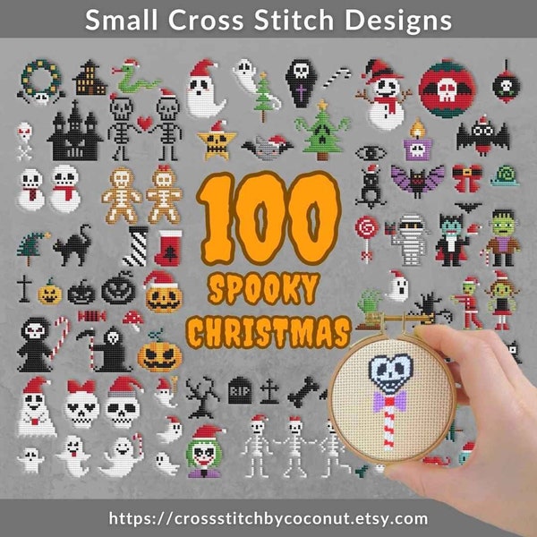 Spooky Small Christmas Cross Stitch Patterns Download PDF, 1-3 Inch, 100 designs. Halloween Creepy Embroidery Design, Mini Cross Stitch