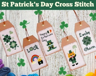 St Patrick&#39;s Day Cross Stitch Pattern Set: Lucky Charms Gift Tags (PDF Download)