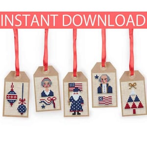Patriotic Christmas Cross Stitch Patterns PDF – 5 Mini Ornament & Gift Tag Designs