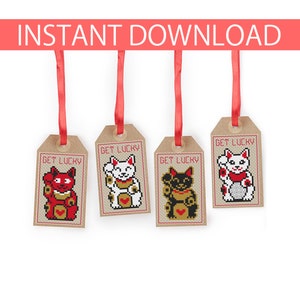 Kruissteekpatroon wenkende katten, set van 4 Manekineko (Lucky Cat), Maneki-neko, Mini kruissteek, Fortune Cat, Instant Download PDF