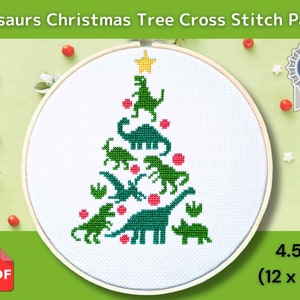 Schema punto croce albero di Natale dinosauro, sagoma di piccolo dinosauro, 4,5 x 6 pollici, T-Rex, Tree-Rex, semplice e facile, download PDF