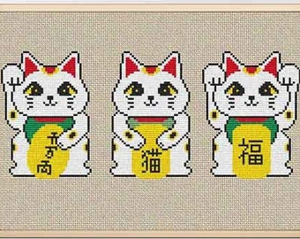 Beckoning cats cross stitch, Manekineko, Lucky cat, Fortune cat, Set of 3 Patterns, Cute Cross Stitch Pattern, Nursery, Instant Download PDF