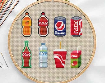 PATTERN : Mini soft drinks cross stitch pattern, Modern Cross Stitch Pattern, Cute Cross Stitch Pattern, Instant Download PDF