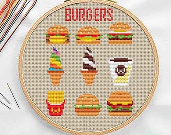 PATTERN : Mini hamburgers cross stitch pattern, Modern Cross Stitch Pattern, Cute Cross Stitch Pattern, Instant Download PDF