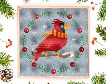 PATTERN : Christmas bird #1 cross stitch pattern, Modern Cross Stitch Pattern, Cardinal, Christmas Cross Stitch Pattern, Instant Download