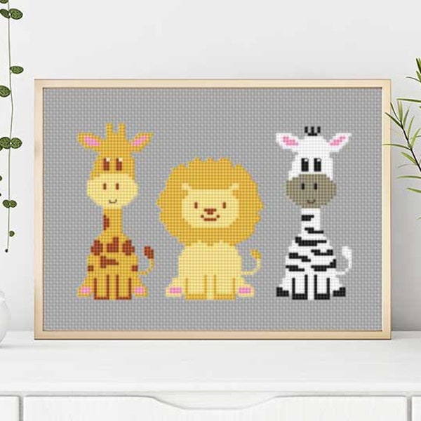 PATTERN : Baby animals giraffe lion zebra, Modern Cross Stitch Pattern, Cute Cross Stitch Pattern, Instant Download PDF