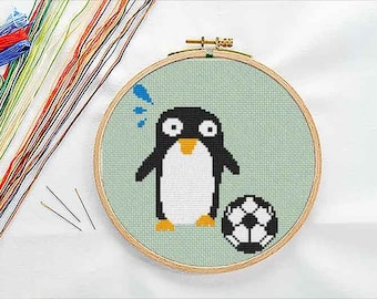 PATTERN : Penguin Playing Soccer Cross Stitch Pattern, Modern Cross Stitch Pattern, cute Cross Stitch Pattern, Instant Download PDF