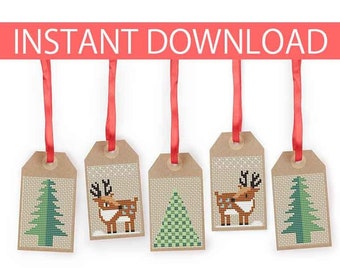 PATTERN : Christmas cross stitch pattern (10), Gift tags, Christmas ornament, Thank You tags, Modern Cross Stitch, Instant Download