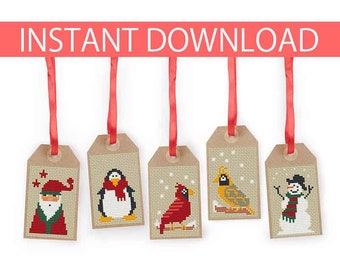 PATTERN : Christmas cross stitch pattern (3), Gift tags, Christmas ornament, Thank You tags, Modern Cross Stitch, Santa Claus, Penguin