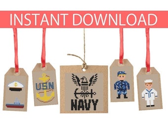 Mini Navy Military Cross Stitch Pattern | Small Military | Camouflage  | Navy Anchor | Navy hat | US military | Navy Logo | Ship | Gift Tag