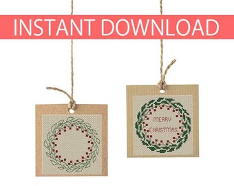 PATTERN : Christmas small wreath cross stitch pattern, mini wreath (2), Gift tags, Christmas ornament, Thank You tags, Instant Download