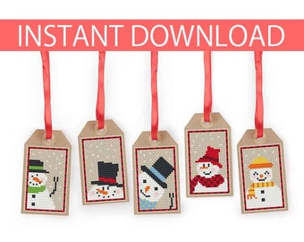 PATTERN : Christmas cross stitch pattern (5), Gift tags, Christmas ornament, Snowman cross stitch, Modern Cross Stitch, Instant Download