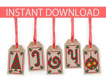 PATTERN : Christmas cross stitch pattern (4), Gift tags, Christmas ornament, Thank You tags, Modern Cross Stitch, Instant Download