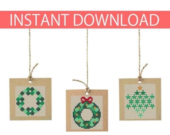 PATTERN : Christmas small wreath cross stitch pattern, mini wreath, Gift tags, Christmas ornament, Thank You tags, Instant Download