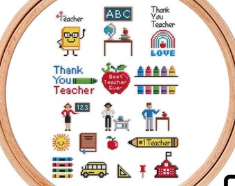 Teacher Gift Cross Stitch Patterns Download PDF, Teacher Appreciation Day, 2 inches, Back to School, Mini Cross Stitch, Happy Teachers Day