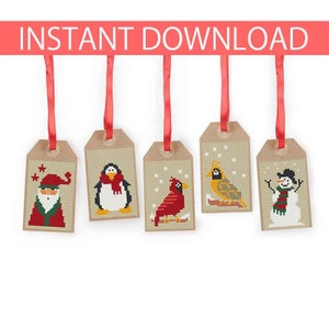 PATROON: kerstkruissteekpatroon (3), cadeaukaartjes, kerstornament, bedankkaartjes, moderne kruissteek, kerstman, pinguïn