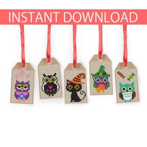 Halloween-cadeaukaartjes kruissteekpatroon #25 | Kleine kruissteek | Uil | Zwarte kat | Babydieren | Babyuil | Bedankt-tags