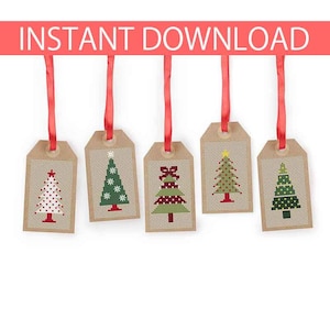 Mini Christmas Tree Gift Tags Cross Stitch Pattern: Dot & Ribbon Trees (PDF Download)