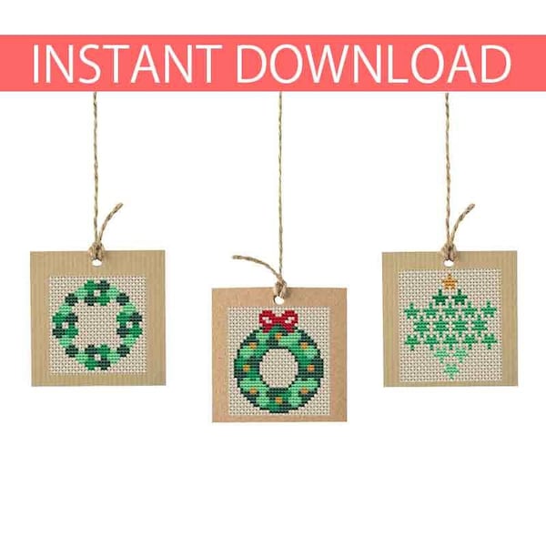 PATTERN : Christmas small wreath cross stitch pattern, mini wreath, Gift tags, Christmas ornament, Thank You tags, Instant Download