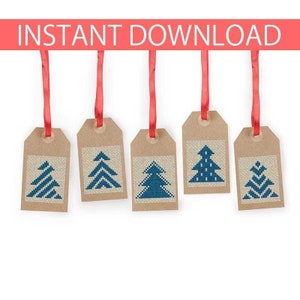 Mini Christmas Tree Gift Tags Cross Stitch: Blue Geometric Tree Designs (PDF Download)