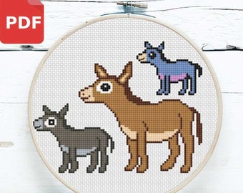 Donkey cross stitch pattern, Set of 3 sizes, Animal cross stitch, Cross stitch nursery, Cute animals, Baby animals,  Easy, Download PDF