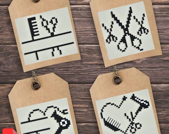 Ensemble de modèles de point de croix sur le thème de la coiffure : 4 mini-motifs de salon et de cœur (téléchargement PDF)