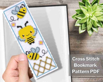 Honey bee cross stitch bookmark pattern PDF, 2x6", Tiny cross stitch, Small cross stitch, Mini cross stitch, Cute animal, Instant download