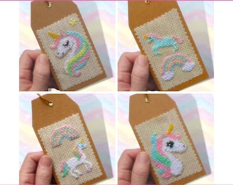 Small unicorn cross stitch pattern, 2 inch wide, Cross stitch gift tag, Tiny cross stitch, Cute, Kawaii, Simple, Small rainbow, Pastel, Girl