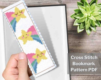 Star with rainbow cross stitch bookmark pattern PDF, 2x6", Small cross stitch, Cross stitch nursery, Mini cross stitch, Instant download PDF