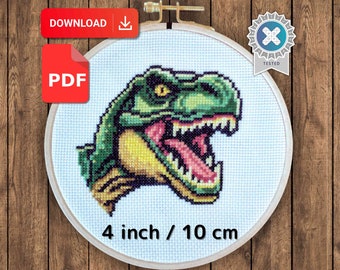 T Rex Head Cross Stitch Pattern, Realistic Dinosaur, 4 inch, Oval Framed/Unframed, Tyrannosaurus, Jurassic animals, Digital Download PDF