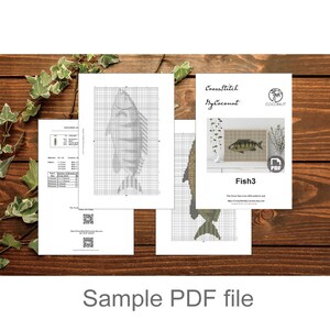 May include: A digital cross-stitch pattern for a fish with a green, brown, and white color scheme. The pattern is titled "Fish3" and includes a PDF download icon. The pattern is available on Etsy.