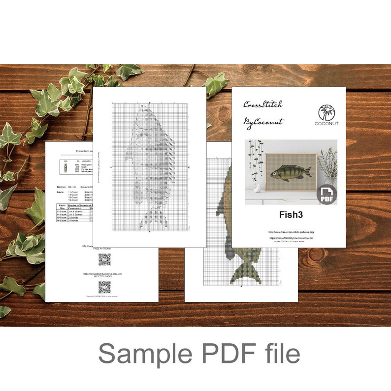 May include: A digital cross-stitch pattern for a fish with a green, brown, and white color scheme. The pattern is titled "Fish3" and includes a PDF download icon. The pattern is available on Etsy.