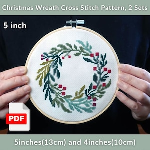 Kleine kerstkrans kruissteekpatroon, 2 sets, minikrans, cadeaukaartjes kruissteek, kerstornament, eenvoudig, pdf direct downloaden,