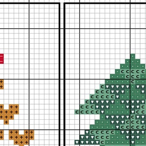 May include: Cross stitch pattern featuring a green Christmas tree with white hearts and a red and orange heart at the top.