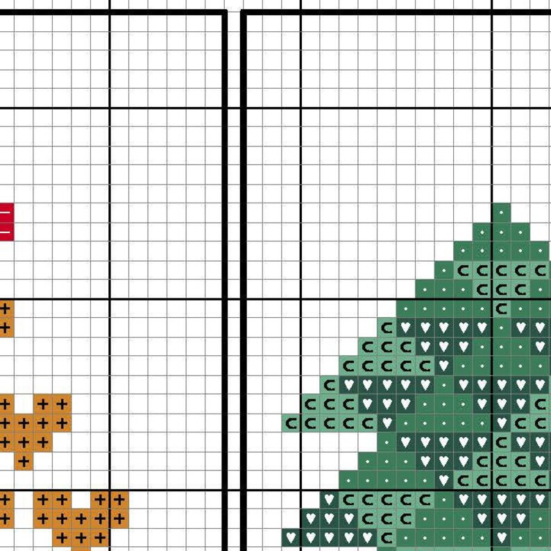 May include: Cross stitch pattern featuring a green Christmas tree with white hearts and a red and orange heart at the top.
