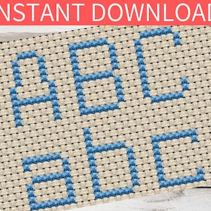 May include: Cross stitch pattern for the letters A, B, and C. The letters are stitched in blue on a beige background.