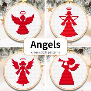 Silhouet kerstengel kruissteekpatronen, set van 4 snelle en gemakkelijke ontwerpen, klein kerstborduurwerk, één kleur, pdf-download