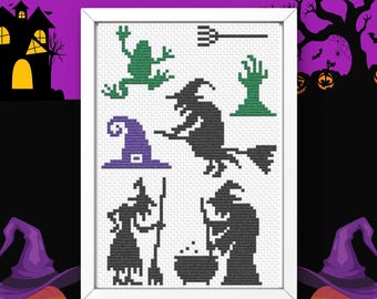 Mini Witch Silhouette Cross Stitch Patterns: 7 Halloween Designs (PDF Download)