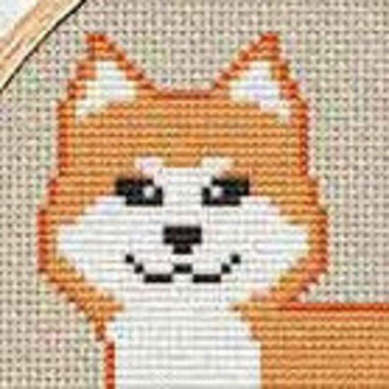 May include: Cross-stitch pattern of an orange and white Shiba Inu dog with black eyes and nose.