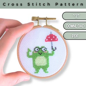 Può includere: Un motivo a punto croce con una rana verde con occhiali e un ombrello rosso a pois bianchi, in un telaio da ricamo di circa 5 cm. Il testo sull'immagine recita "Cross Stitch Pattern", "~2", "DOWNLOAD" e "PDF".