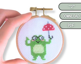 Frog with Mushroom Umbrella Cross Stitch Pattern, 2-Inch Mini (PDF Download)