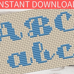 May include: Cross stitch pattern featuring the letters "ABC" in blue on a beige background. The letters are stitched in a simple, blocky style.
