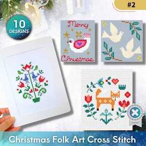 Joyeux Noël Cross Stitch Pattern Télécharger PDF imprimable #2, carte de point X, Colombe, Renard, Fleur, Oiseau, Bas de Noël, 10 dessins,