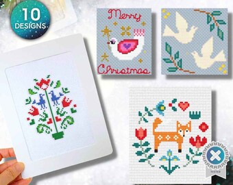 Merry Christmas Cross Stitch Pattern Download Printable PDF #2, X stitch card, Dove, Fox, Flower, Bird, Christmas stocking, 10 designs,