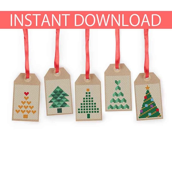 Mini Christmas Tree Gift Tags Cross-Stitch Patterns – Heart & Colorful, 2.5" Tall (PDF Download)