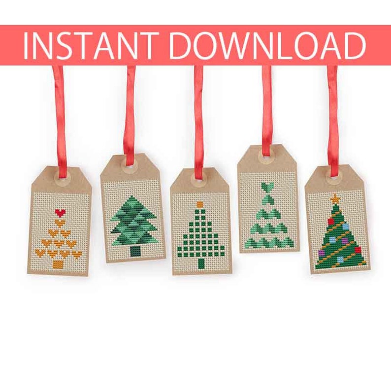 May include: Five brown paper gift tags with red ribbon, each featuring a different cross-stitch design of a Christmas tree.
