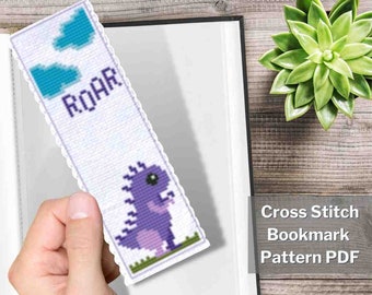 Dinosaur cross stitch bookmark pattern PDF, 2x6", Small cross stitch, Tiny cross stitch, Mini cross stitch, Cute animal, Instant download